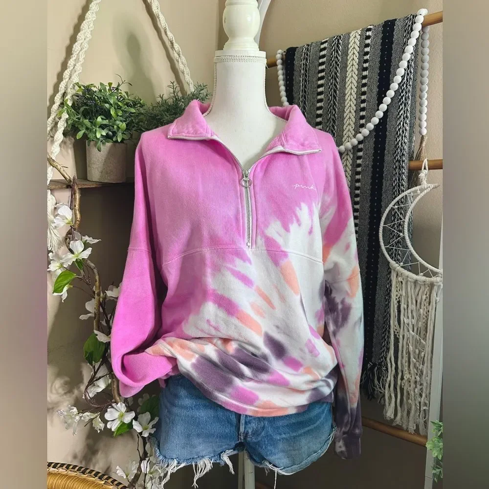 Victoria’s Secret PINK Varsity Half Zip Tie Dye Pullover Oversized Sweatshirt - Picture 2 of 11